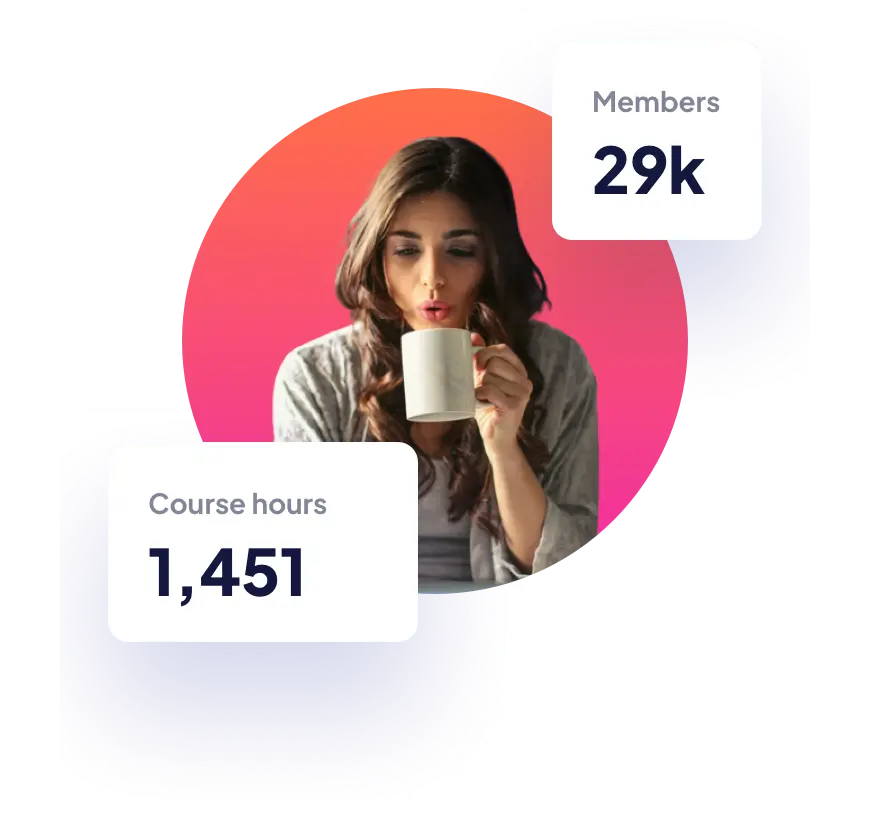 Woman at laptop drinking tea with badges showing Members 29k and Course hours 1,451.